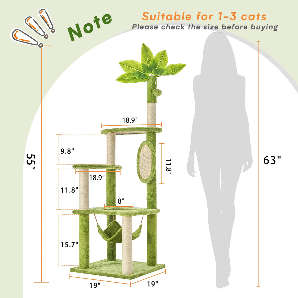 [Summer Vibes] Wecharmer Cat Tree / Tower for Indoor with Green Leaves, Cat Condo Cozy Plush House with Hang Ball, Pet Furniture with Scratching Posts Cat Tree