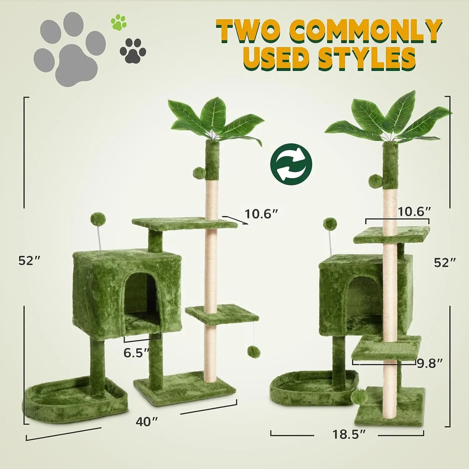 [Summer Vibes] Wecharmer Cat Tree / Tower for Indoor with Green Leaves, Cat Condo Cozy Plush House with Hang Ball, Pet Furniture with Scratching Posts Cat Tree