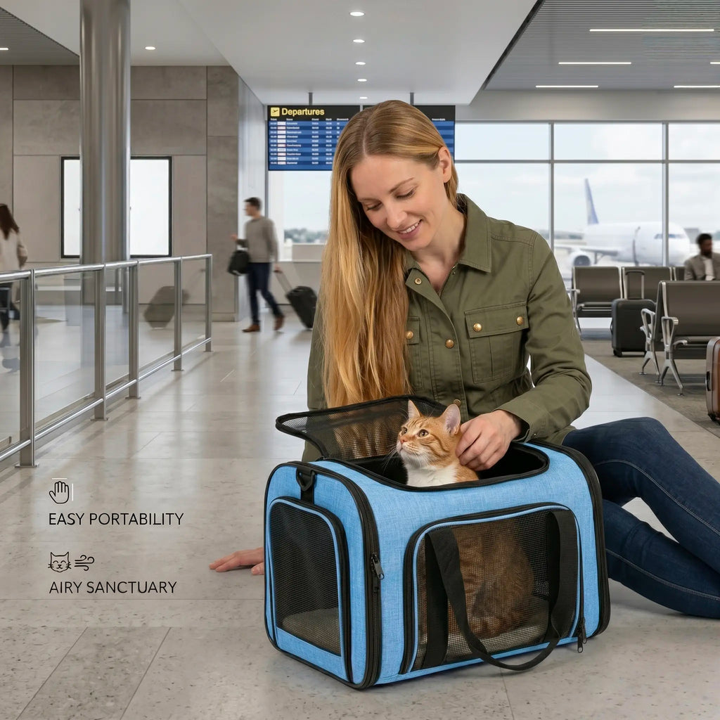 Portable Pet Carrier Bag, Suitable for Large Cats and Small Dogs, Airline-Approved Soft Travel Case, Breathable Mesh Transport Bag, Foldable Pet Travel Bag, Suitable for Outdoor/Car/Airplane Use