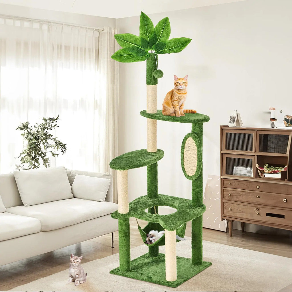 [Summer Vibes] Wecharmer Cat Tree / Tower for Indoor with Green Leaves, Cat Condo Cozy Plush House with Hang Ball, Pet Furniture with Scratching Posts Cat Tree