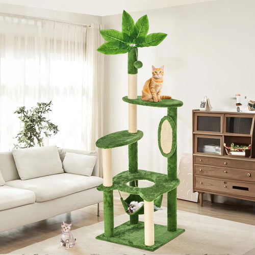 [Summer Vibes] Wecharmer Cat Tree / Tower for Indoor with Green Leaves, Cat Condo Cozy Plush House with Hang Ball, Pet Furniture with Scratching Posts Cat Tree