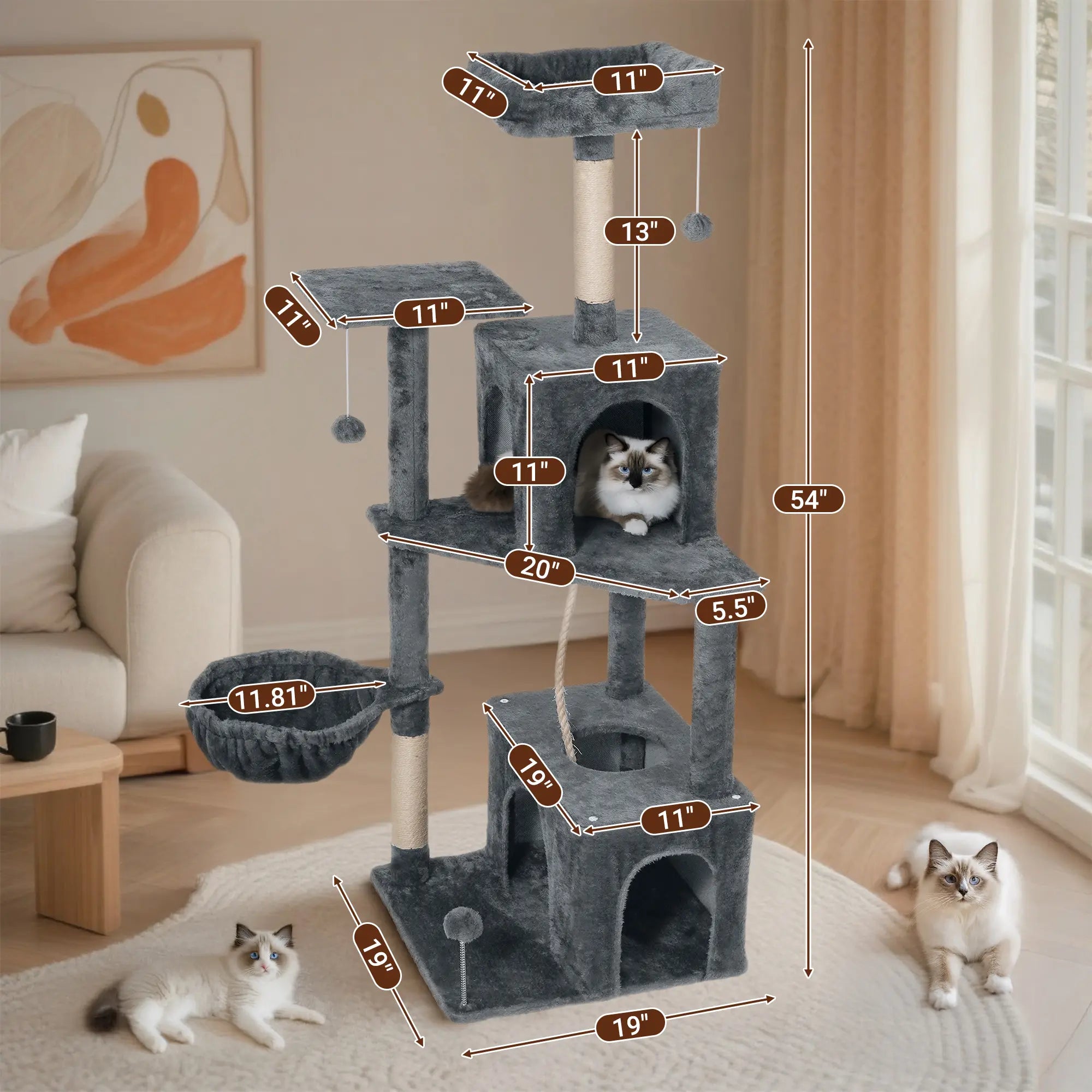 [Summer Vibes] Wecharmer Cat Tree / Tower for Indoor with Green Leaves, Cat Condo Cozy Plush House with Hang Ball, Pet Furniture with Scratching Posts Cat Tree